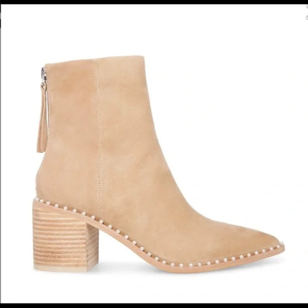 NWB Steve Madden Aquarius Block Heel Booties - Tan Suede with Pearls size 7
